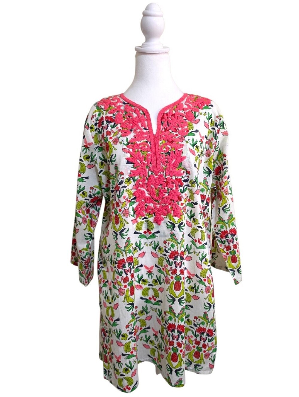 Roller Rabbit Vida Inez Botanical Print Embroidered Tunic, L, Boho Ethnic